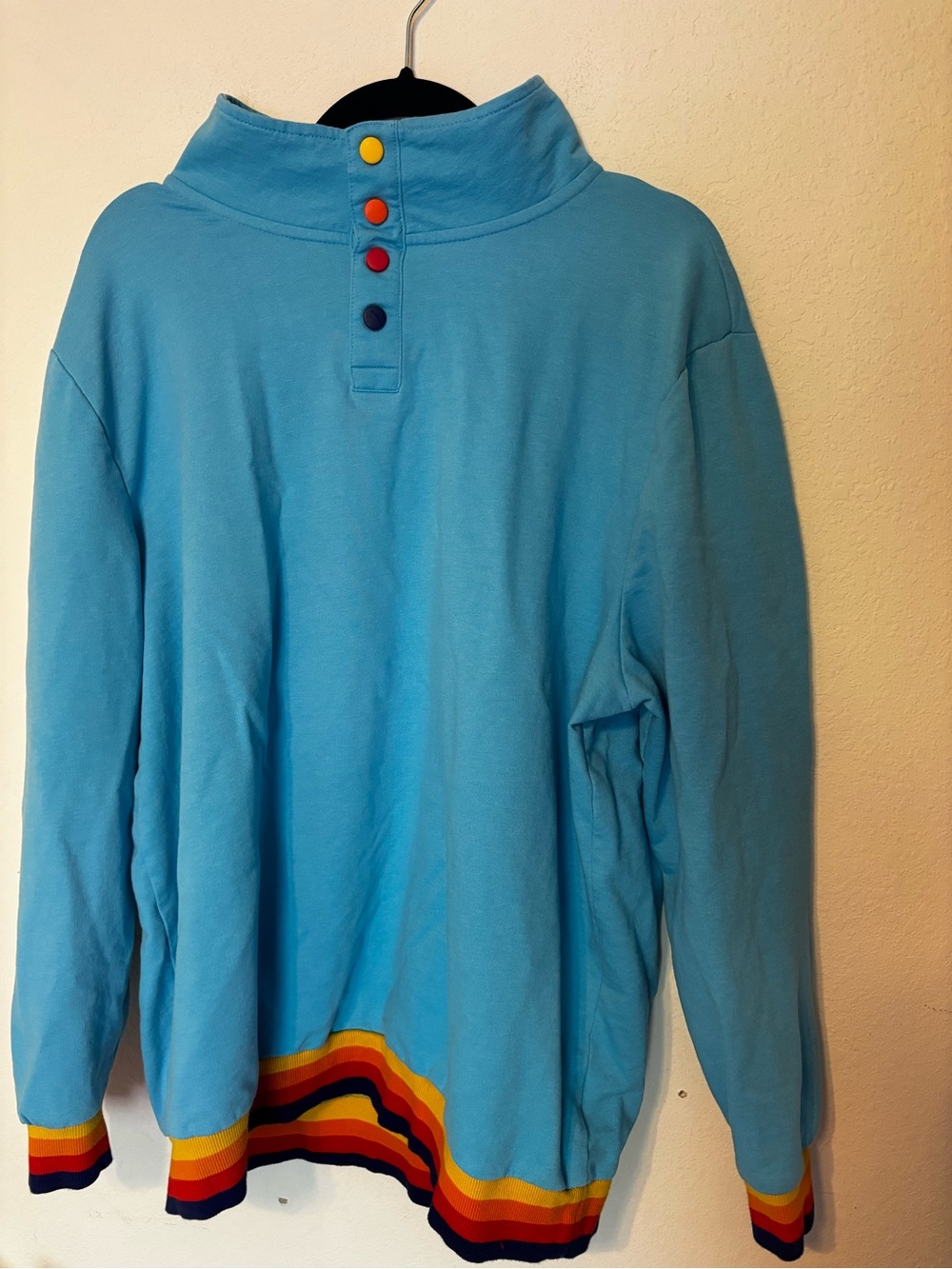 ALDI Pullover Sweatshirt XL Sky Blue Rainbow Stripe Snap Buttons ALDI Fan